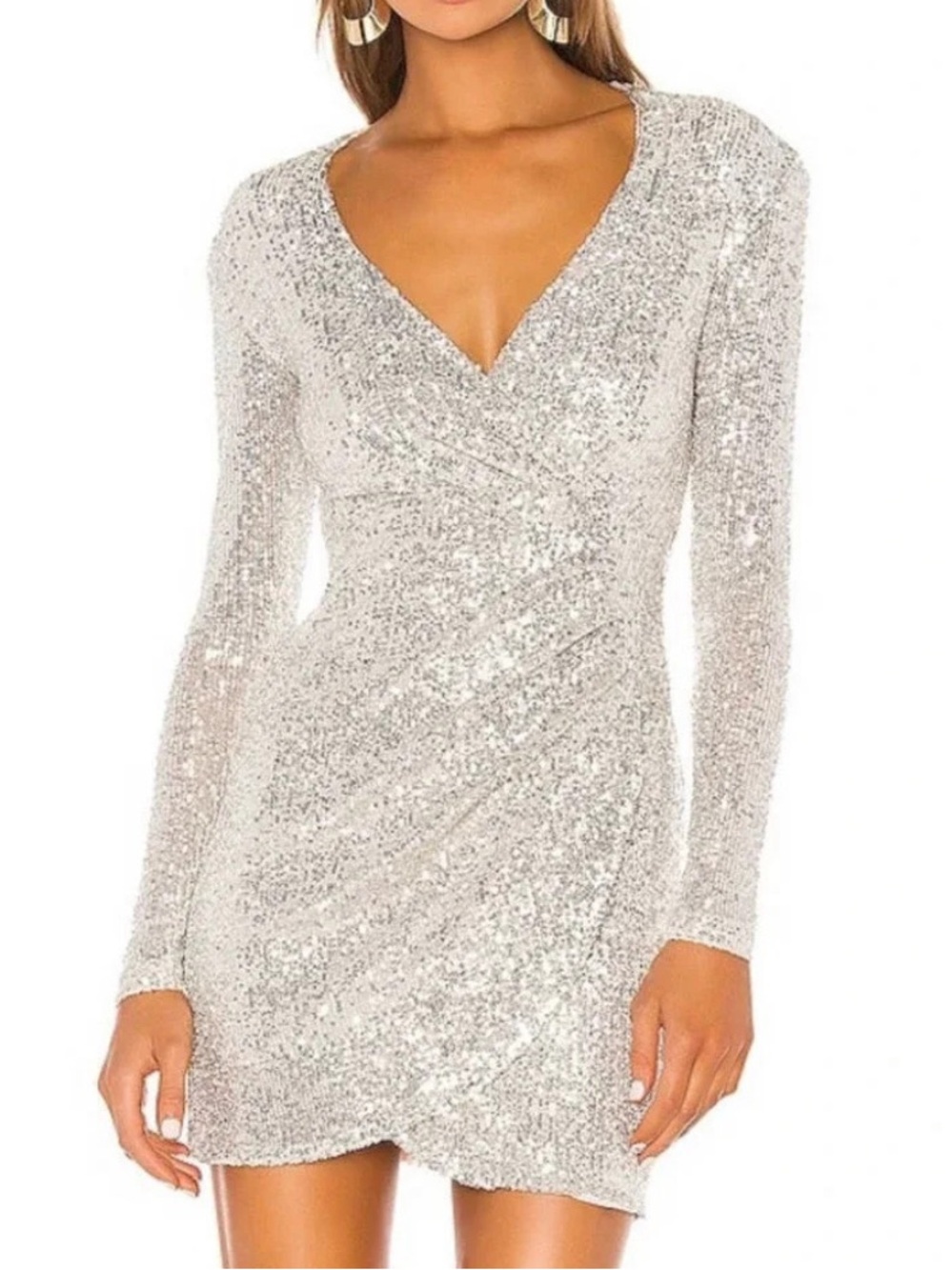 Revolve x Nookie Fantasy Long Sleeve Silver Sequin Mini Dress Large New